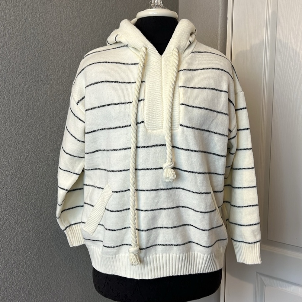 JIANHU Spring Striped Knit Hoodie Loose Casual Pullover Sweater Coat Stylish Top